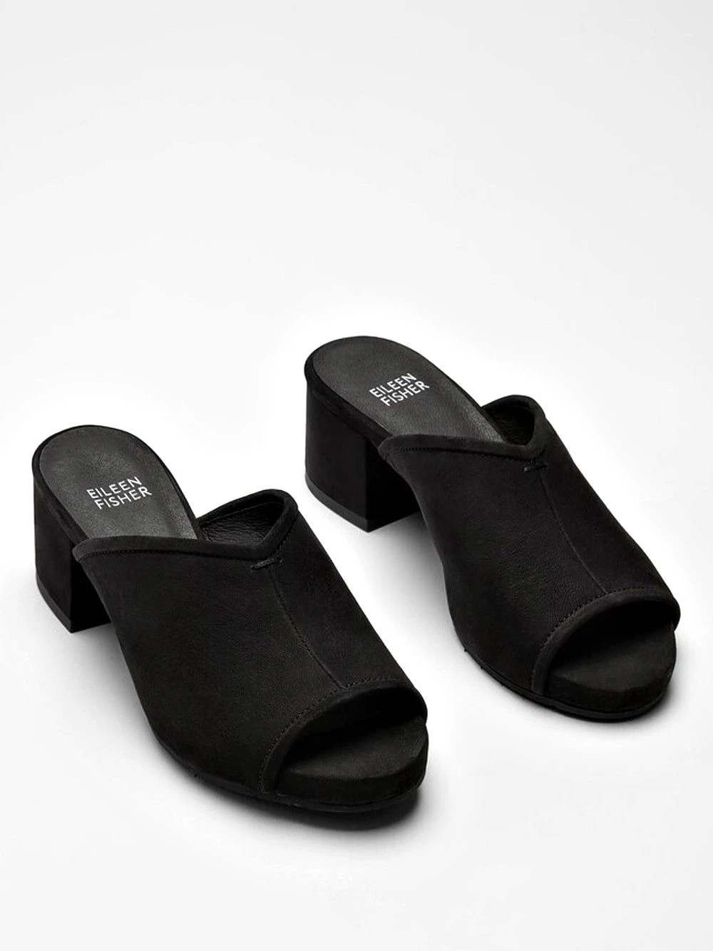 Eileen Fisher Fanon Suede Mule Black Open Toe Block Heel Mules